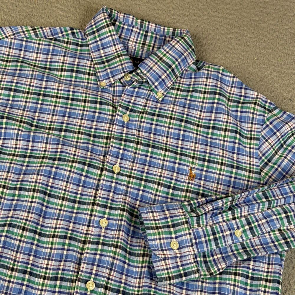 RALPH LAUREN Shirt Men M Blue Purple Green Plaid Oxford Cotton Button Flesh Pony